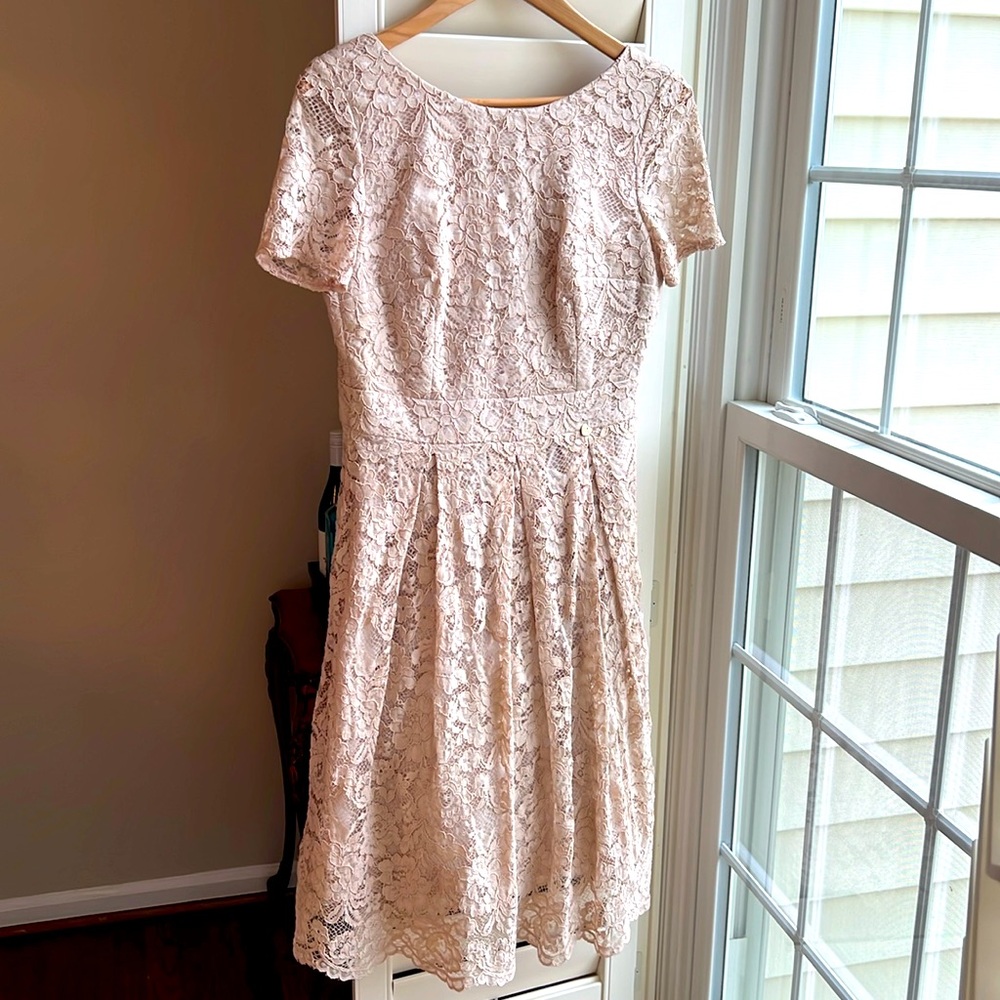 Le Vertige French Nude Tan Short Sleeve Lace Tulle Scoop Back Midi MOB Dress 6